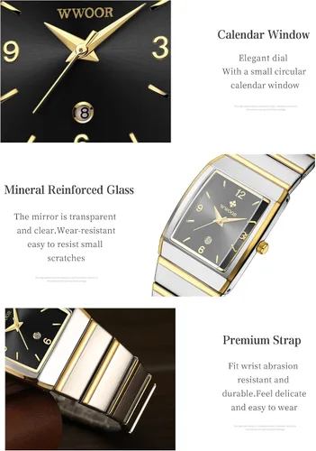 Vista 2 de WWOOR Relojes cuadrados para hombres y mujeres, reloj cuadrado de acero inoxidable para hombre con fecha, reloj casual con fecha cuadrada