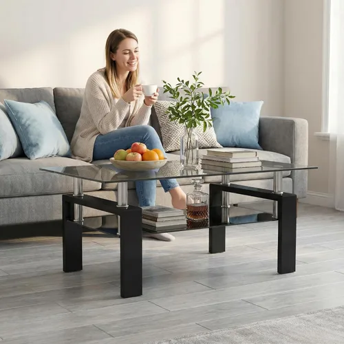 Vista 2 de Mesa de centro de vidrio rectangular Meihua de 2 niveles, mesa de té moderna, mesa auxiliar de café para sala de estar (todo negro)