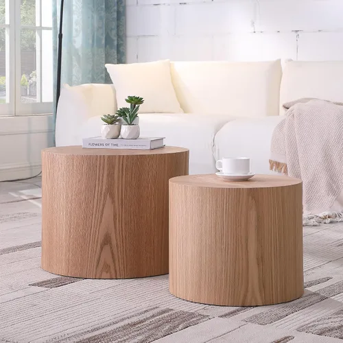 Vista 4 de JUSTONE Juego de mesa auxiliar anidable de 2 piezas, mesas redondas de madera de roble moderno para sala de estar para dormitorio y oficina en casa