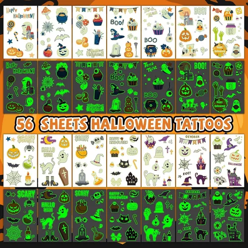 Vista 4 de EMOME Más de 500 estilos de tatuajes de Halloween brillantes para niños a granel, lindos tatuajes temporales para niños, golosinas de Halloween