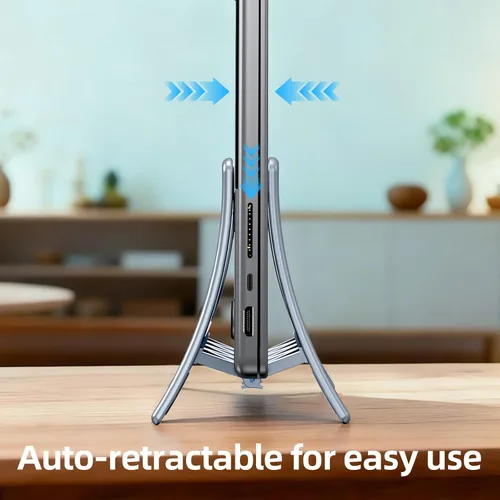 Vista 2 de Soporte vertical para laptop para escritorio, soporte para MacBook con bloqueo automático por gravedad, soporte vertical de plástico ABS compatible