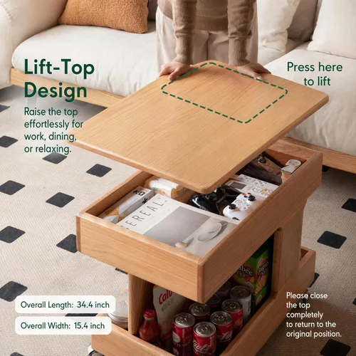 Vista 7 de Mesa de Centro de Madera Maciza 100% con Tapa Elevable y Almacenamiento, Mesita de Noche Pequeña con Ruedas y Escritorio Giratorio de 360°, Mesa
