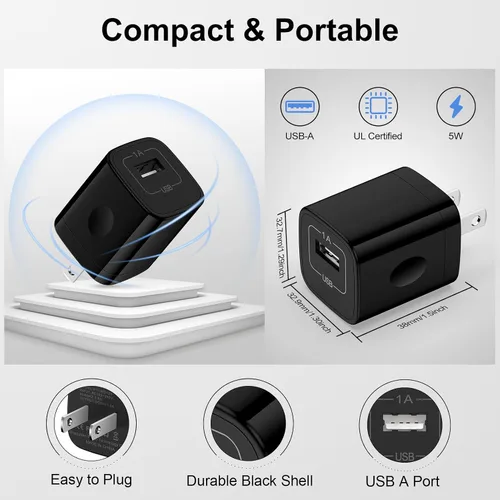 Vista 5 de Wall Charger Box,10Pack 1A/5V Single Port USB Plug Black Charging Block