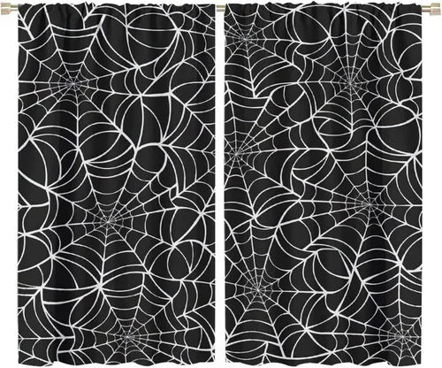Vista 85 de Cortinas opacas de tela de araña aterradora para niños, tela de araña en blanco y negro, fondo rojo, dormitorio de niños, guardería, decoración