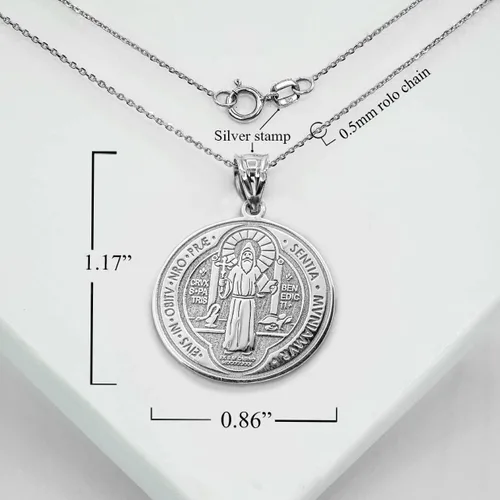 Vista 3 de Claddagh Gold Medalla De San Benito Saint St Benedict 925 Collar con colgante de moneda de plata esterlina con cadena Rolo y colgante solamente