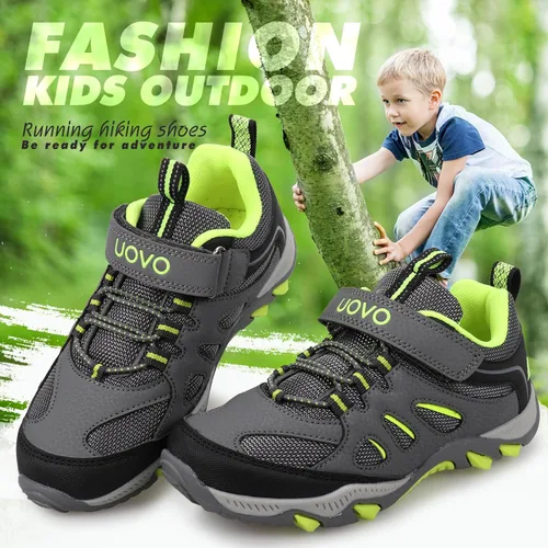 Vista 4 de UOVO Botas de senderismo resistentes al agua para niños, zapatos para caminar al aire libre, antideslizantes, al tobillo, zapatos deportivos