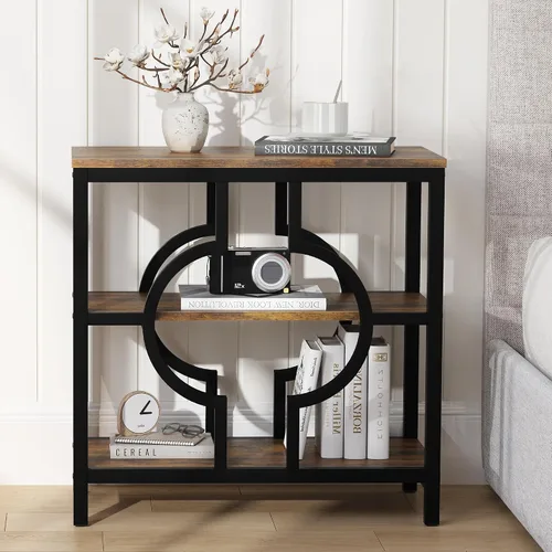Vista 4 de Mesa auxiliar, mesa auxiliar estrecha con estantes de almacenamiento de 3 niveles, mesa auxiliar de sofá de madera con marco de metal geométrico