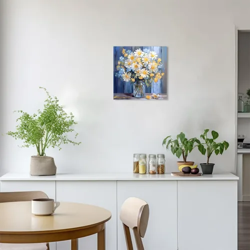 Vista 4 de QIXIANG Lienzo decorativo para pared, diseño de flores blancas, amarillas, azules, margaritas, ramo en un jarrón, impresiones para baño, cocina