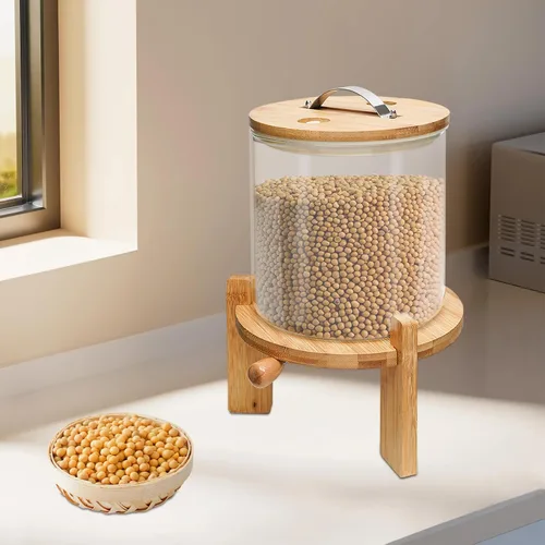 Vista 9 de Dispensador de cereales de 5 L, recipiente de almacenamiento de granos de vidrio transparente, dispensador de alimentos secos, organizador