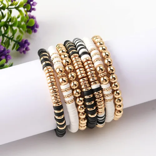 Vista 3 de Pulseras de cuentas de arcilla estilo heishi surfista para mujer con discos de vinilo y dije de mal de ojo apilables pulseras elásticas de amistad