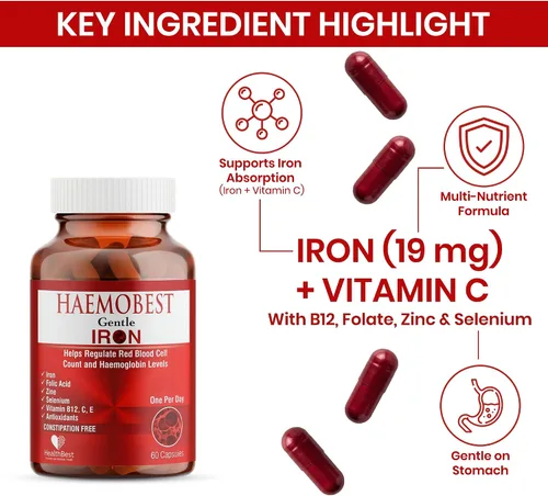Vista 5 de HealthBest Cápsulas de hierro de alta potencia suaves 100mg Hierro de liberación lenta para una absorción más rápida, sin estreñimiento Vitamina