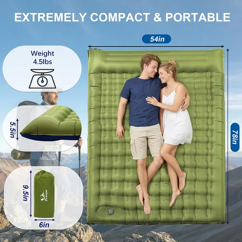 Vista 7 de Almohadilla doble para acampar de 5.5 pulgadas, ultra gruesa con Colchón para dormir, compacto para 2 personas, portátil, para mochileros Verde