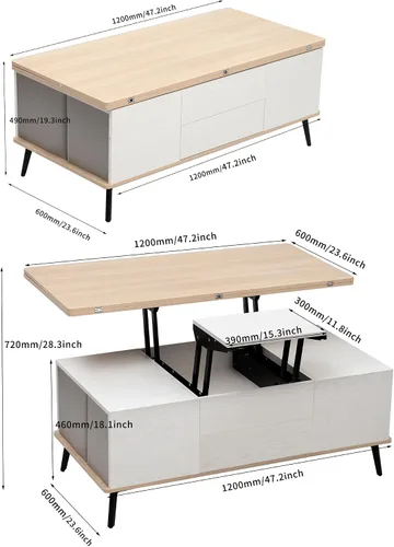 Vista 2 de Juego de 5 mesas auxiliares elevables con almacenamiento convertible con otomanas, para sala de estar, dormitorio, oficina, comedor (blanco antiguo)