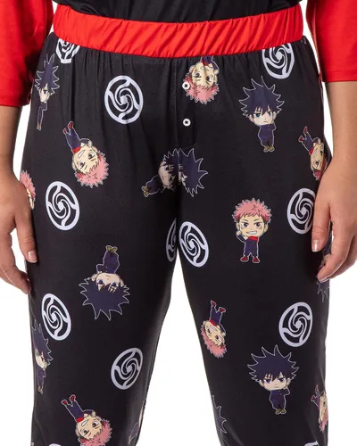 Vista 3 de Bioworld Jujutsu Kaisen - Pijama para mujer Tokyo Jujutsu High School Yuji Itadori y Megumi Fushiguro Raglan Jogger Pijama Conjunto