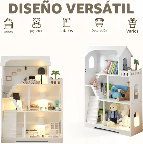 Vista 5 de Estantería de Casa de Muñecas de Madera - Estantería de Casa de Muñecas para Niños Pequeños, Espacio Extra para Almacenamiento de Juguetes y Libros