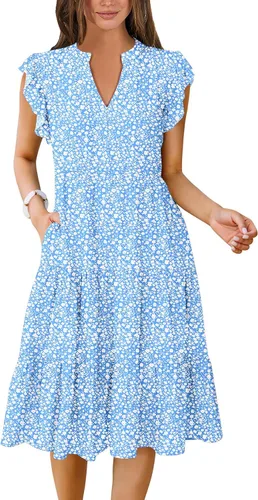 Vista 14 de ANRABESS Vestido de verano para mujer, manga con volantes, cuello en V, vestido midi a la moda, casual, holgado, escalonado, bohemio, playa