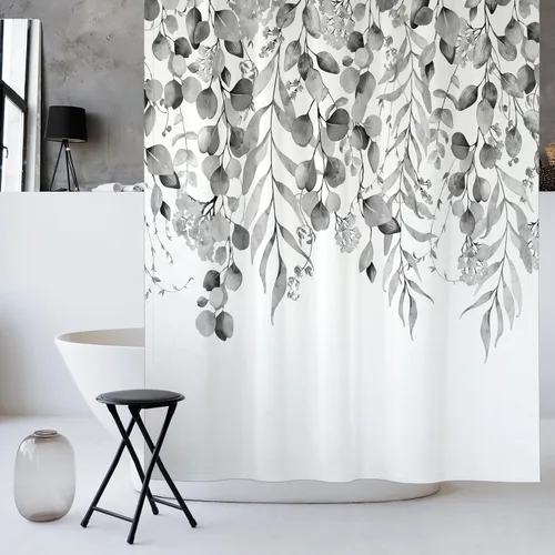 Vista 2 de KAIRA Cortina de ducha de eucalipto negro con diseño clásico y moderno, hojas de plantas de acuarela con diseño floral, decoración de baño, 72 x 72