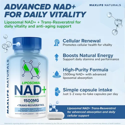 Vista 2 de MaxLife Naturals Suplemento liposomal NAD+ de 1500 mg con trans-resveratrol - 120 cápsulas NAD+ suplemento de resveratrol para hombres y mujeres