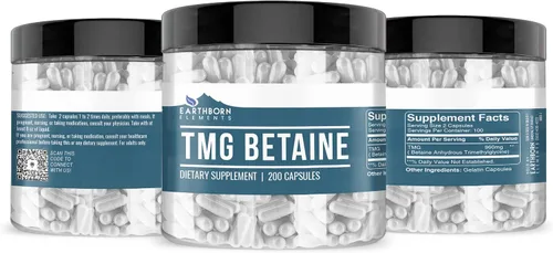 Vista 2 de Earthborn Elements TMG Betaína anhidra Trimetilglicina 200 cápsulas, pura y sin diluir, sin aditivos