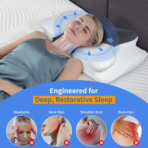 Vista 8 de Almohada cervical para el cuello para aliviar el dolor, almohada de cama de espuma viscoelástica de diseño hueco para dormir de lado y de espalda