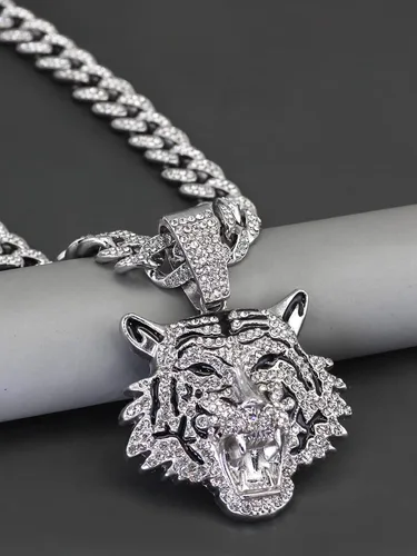 Vista 3 de hdyv5aa Cadena de eslabones cubanos de plata para hombre con colgante, collar de tigre de eslabones cubanos de Miami Ice Out de Miami, joyería