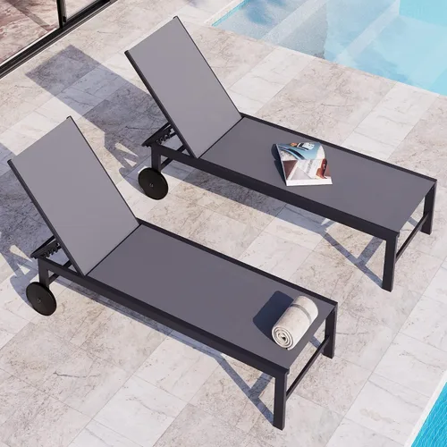 Vista 13 de QAQA - 2 tumbonas para exteriores con ruedas, silla de aluminio para patio con 5 posiciones ajustables para piscina, playa, patio, gris oscuro