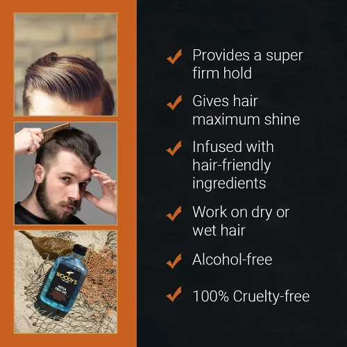 Vista 4 de Woody's Gel para el cabello Mega Firm para hombres, fijación fuerte, sin alcohol, sin escamas, gel para el cabello de los hombres para un