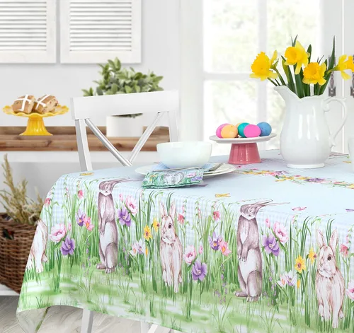 Vista 6 de Manteles Newbridge con diseño de Pascua, primavera, prado y conejos bordados, adorable tela de mantel con conejos y de color azul, con estampado a