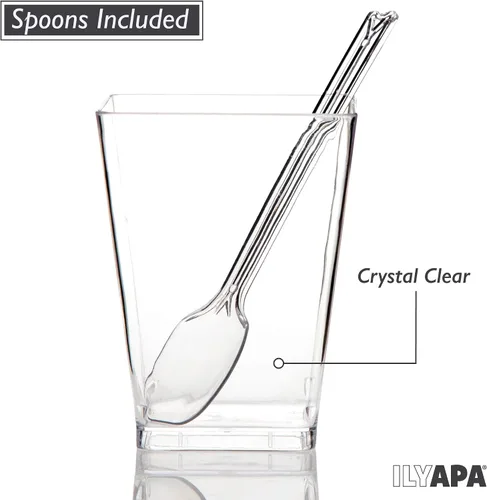 Vista 3 de Ilyapa Vasos de postre de plástico de 5 onzas, paquete de 20 mini tazas de postre con cucharas, taza pequeña transparente reutilizable