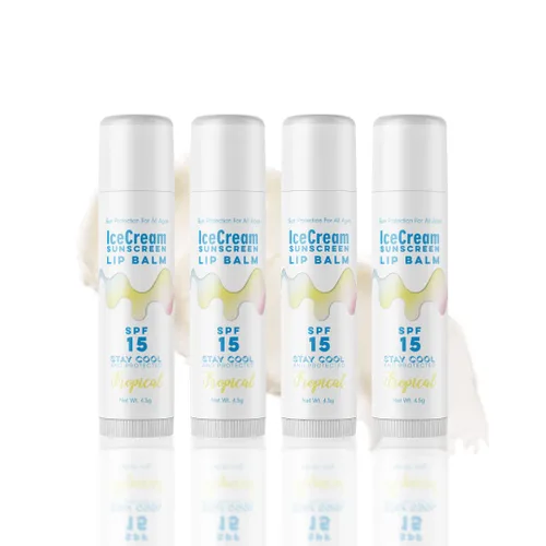 Vista 6 de IceCream Sunscreen - Juego de 4 bálsamos labiales con aroma tropical, protector solar resistente al agua para labios, cuidado de labios para todas