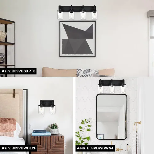 Vista 5 de Lámpara de tocador de baño sobre espejo, lámparas de pared de baño negras, iluminación moderna con pantalla de vidrio transparente, aplique de pared