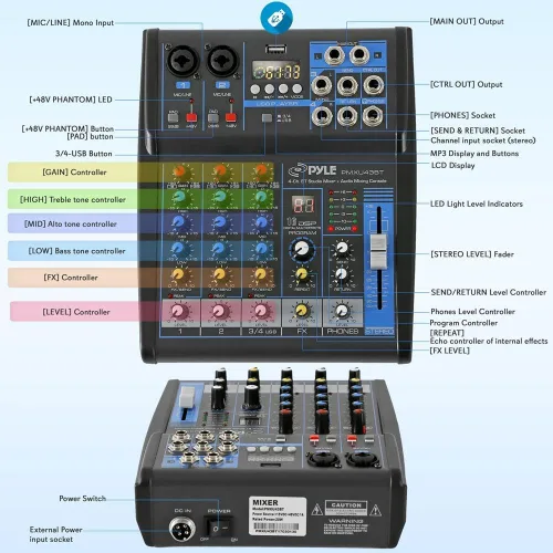 Vista 2 de Pyle Mezclador de Audio Profesional Placa de Sonido Consola del Sistema - 4 Canales - Bluetooth - Entrada USB MP3 para Computadora - 48V Phantom