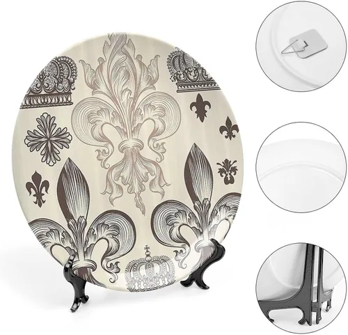 Vista 4 de Plato decorativo de 6 pulgadas, plato de cena de flor de lis, patrón heráldico, escudo de armas, placa de exhibición de adorno para mesa de comedor