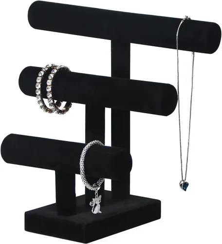 Vista 2 de Pangkeep Soporte de pulsera de 3 niveles, soporte de exhibición de pulseras negras, exhibiciones de joyería para vender collares y cadenas