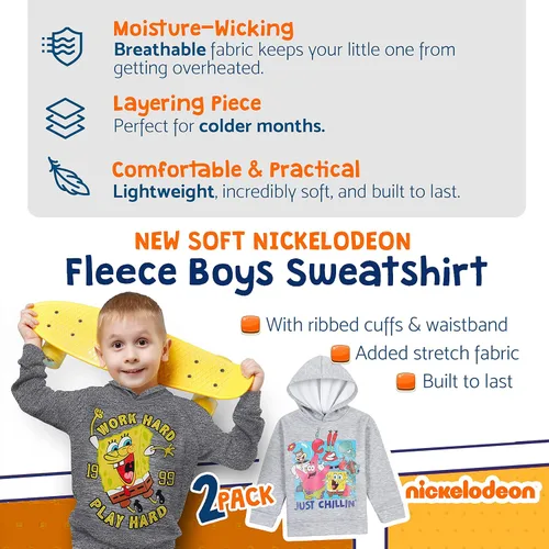 Vista 5 de Nickelodeon 2 Pack Spongebob and Rugrats Soft Fleece Hoodies for Boys, Lightweight Graphic Pullover Sweatshirts