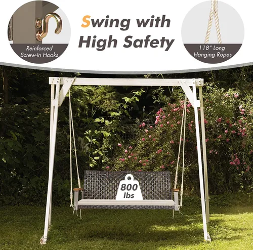 Vista 5 de Happygrill Silla oscilante de ratán para porche de 2 asientos, banco oscilante de mimbre para exteriores con cojín de asiento y reposabrazos