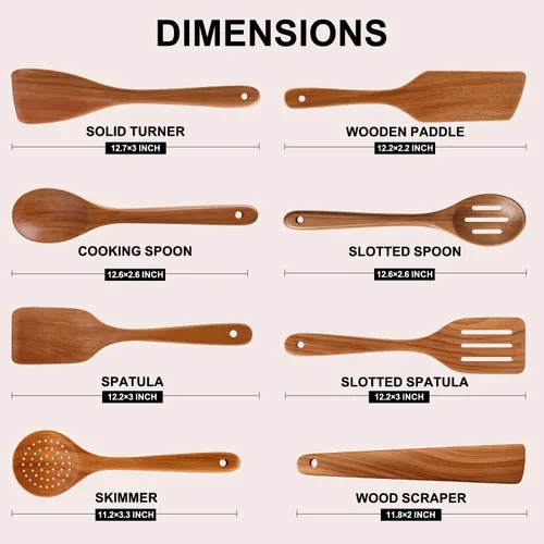 Vista 25 de Espátula de madera de acacia para cocinar cuchara no tóxica juego de 4 piezas