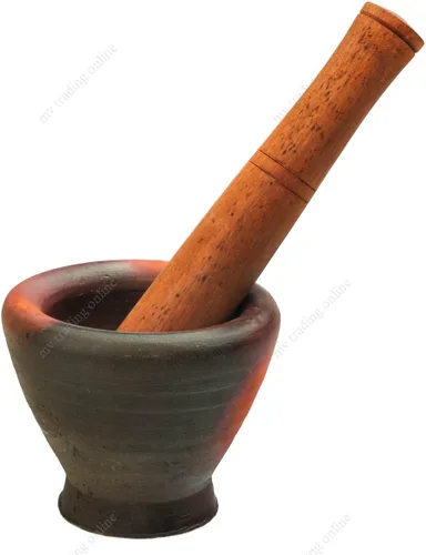 Vista 2 de Thai & Laos Kruk - Mortero de arcilla de barro con mortero de madera de palma, 6.75 pulgadas