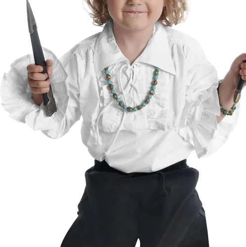 Vista 2 de rrhss Disfraces para niños, camisas de pirata, medievales, renacentistas, escoceses, con volantes, puños con cordones, ropa de solapa de 5 a 14 años
