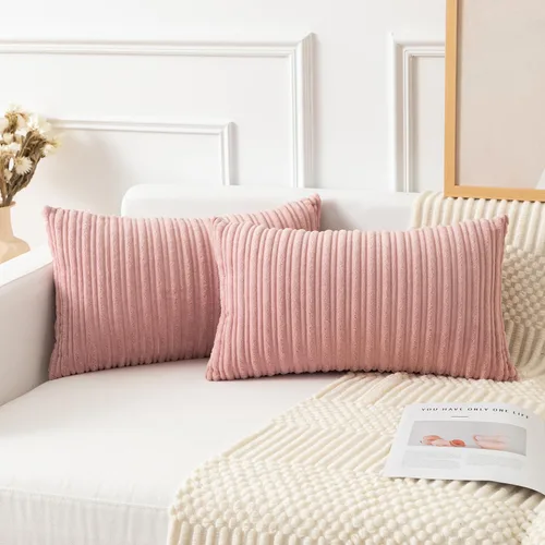 Vista 53 de Kevin Textile - Fundas de almohada de pana a rayas de 16 x 16 pulgadas, paquete de 2, color rosa bebé