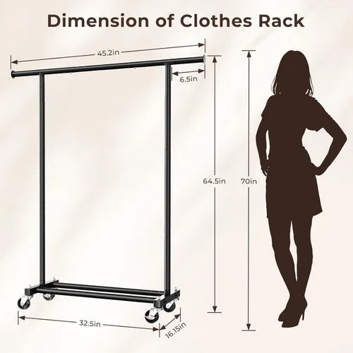 Vista 7 de Perchero para colgar ropa, 45 pulgadas de ancho, perchero de metal con ruedas, perchero portátil para dormitorio, lavandería, color negro
