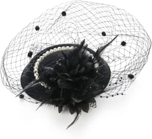 Vista 3 de NYTAZAJIX Tocado con plumas y flores, sombrero de pastillero de los años 50, velo de cóctel, fiesta de té, boda, con clips para mujer