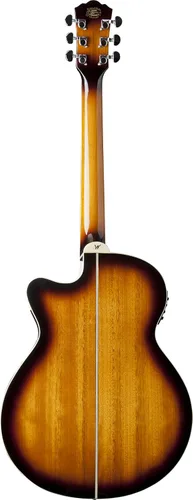 Vista 4 de Washburn Festival EA15 Mini Jumbo Cutaway, guitarra eléctrica acústica, ráfaga de tabaco Parte superior de arce figurada; Mini corte gigante
