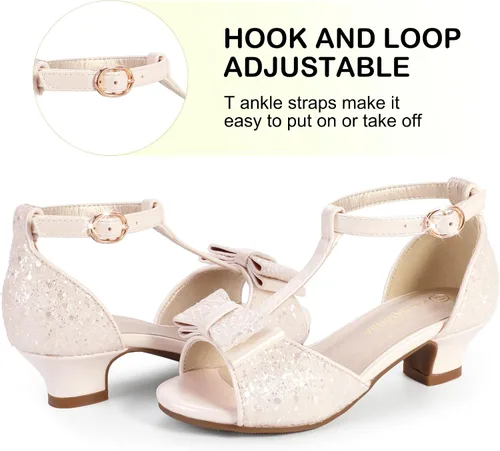 Vista 3 de PANDANINJIA Sally Girls Heels, Girls Dress Shoes Pump T Strap Open Toe Bow Rhinestone Girls Sandals for Toddler Little Kid Big Kid
