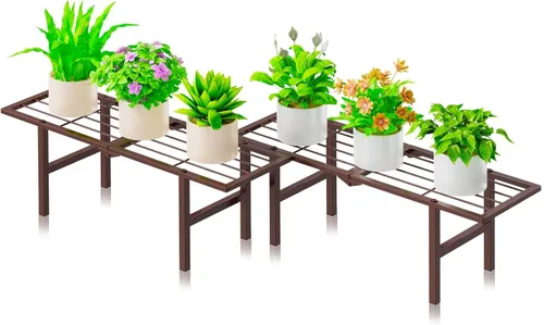 Vista 11 de Paquete de 2 soportes para plantas de 1 nivel para interiores y exteriores, estante plegable de metal para plantas, diseño estrecho de 8.7 pulgadas