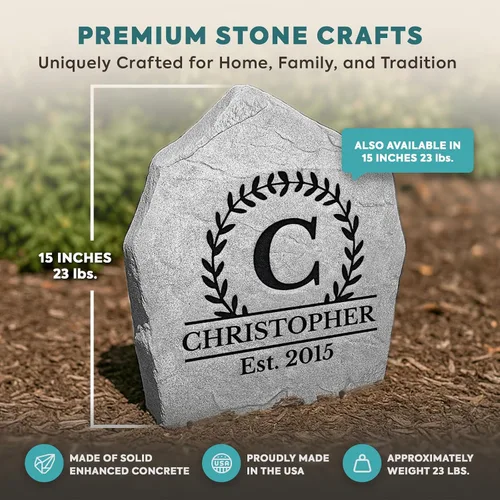 Vista 6 de Monograma de piedra grabada personalizada con nombre establecido para jardín, roca de paisaje, color gris, 15 pulgadas de ancho x 15 pulgadas de alto