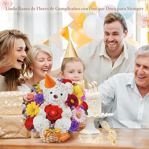 Vista 5 de MZD8391 Tarjetas de cumpleaños con música y luces, tarjeta de feliz cumpleaños, oso y margarita, ramo de flores de tamaño natural de 10 pulgadas