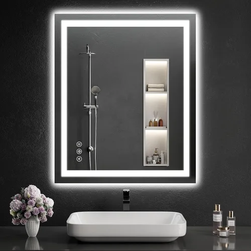 Vista 29 de Espejo de baño LED de 30 x 48 pulgadas con luces, regulable, antivaho, espejo de tocador de baño para pared, retroiluminado + luz frontal, función