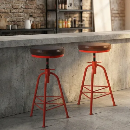 Vista 11 de Topower Taburete de bar de altura ajustable de metal de diseño industrial antiguo, silla de desayuno de comedor de cocina, taburete de madera