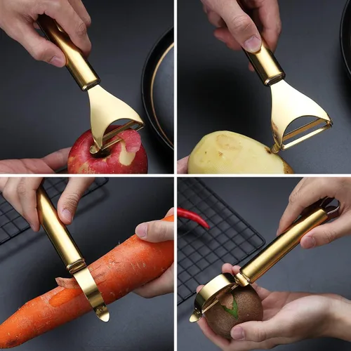 Vista 7 de Peladores dorados de patata, verduras y frutas para cocina, Kyraton con revestimiento de titanio dorado, peladores de acero inoxidable, hoja afilada